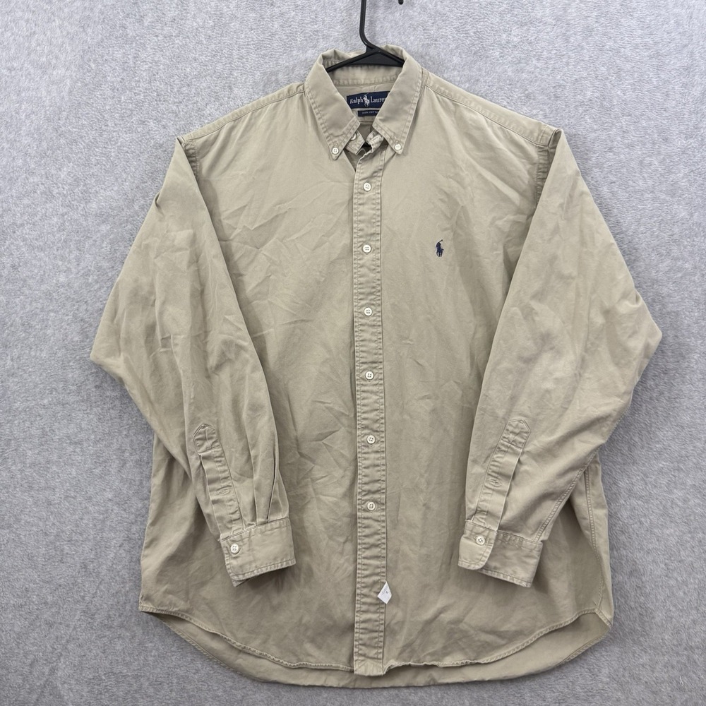 Ralph Lauren Shirt Men Large Beige Long Sleeve Button Up Oxford Dress Work Pony‎